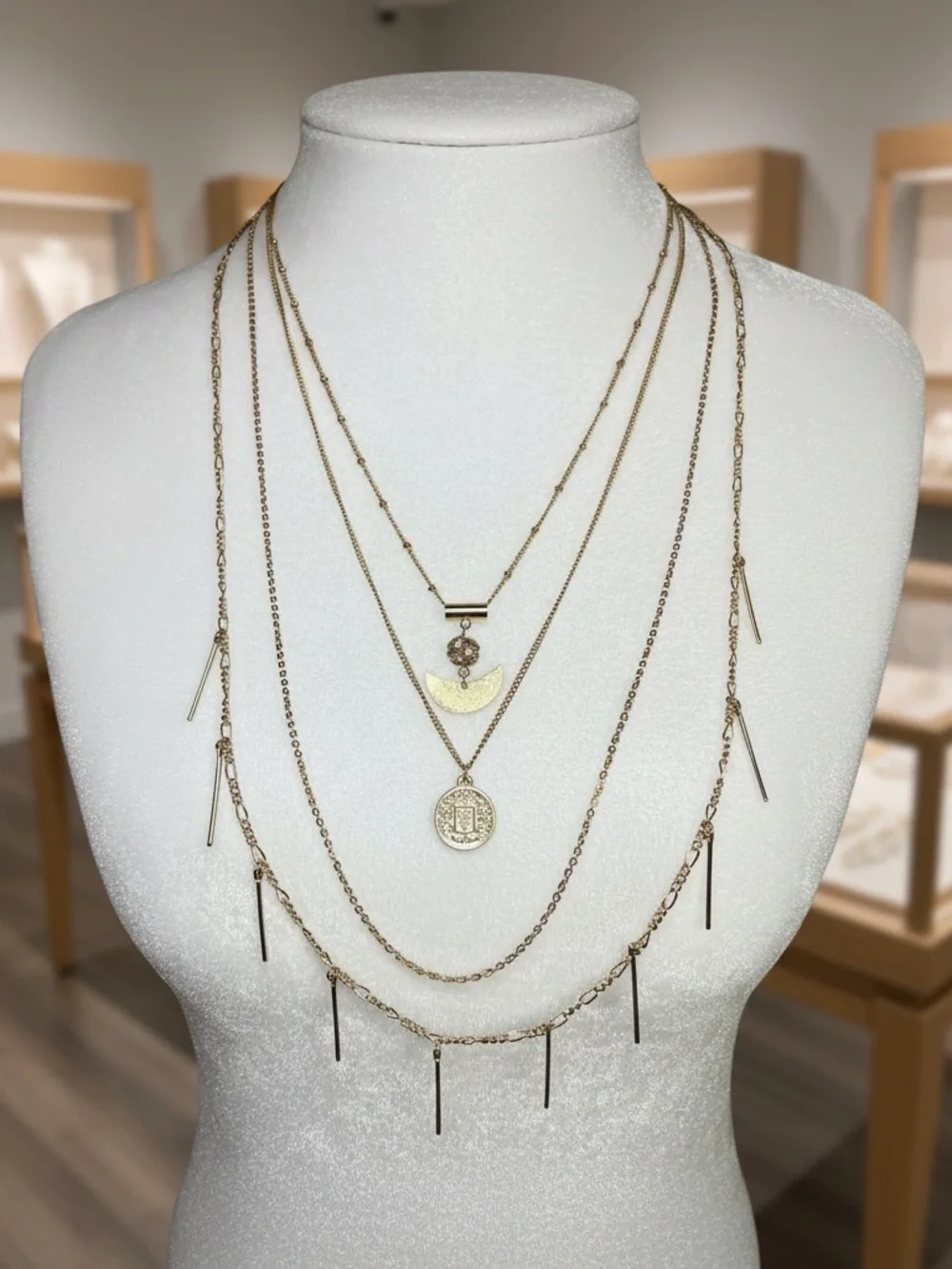 Gold 4 Layered Crescent & Coin Pendant Necklace Set - Picture 1 of 10
